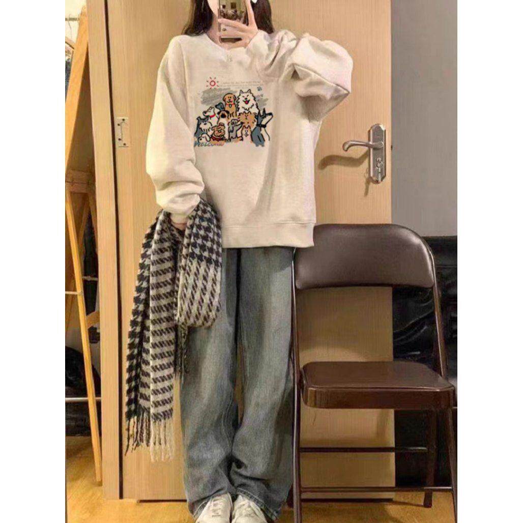 圆领白灰色卫衣女士秋冬加绒加厚美式复古重磅慵懒风无帽上衣ins