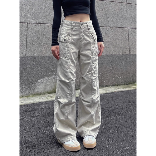 夏季薄款美式复古牛仔工装裤伞兵vibe直筒做旧褶皱休闲长裤子男女