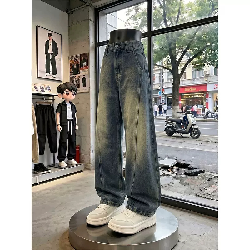 美式弯刀显瘦水洗复古牛仔裤男生夏季薄款松紧腰宽松高街阔腿长裤