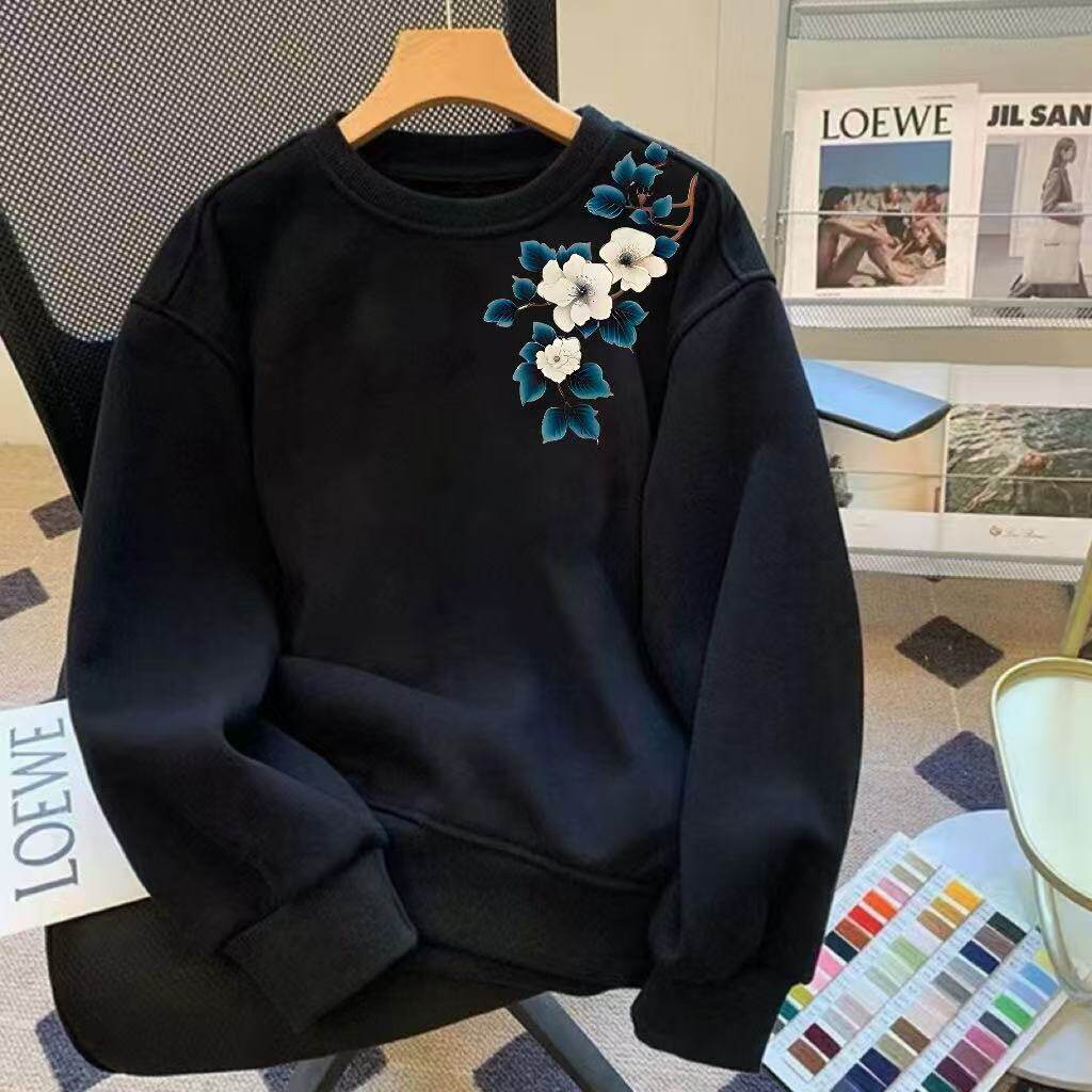 高级感轻奢长袖卫衣男士秋冬植物花卉印花个性痞帅圆领打底衫上衣