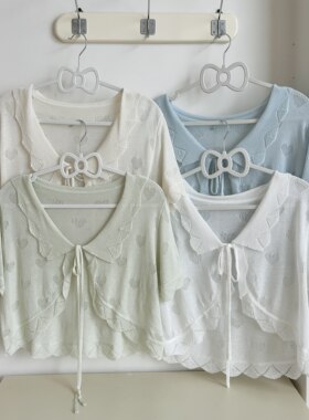 针织荷叶领系带爱心镂空短款开衫
