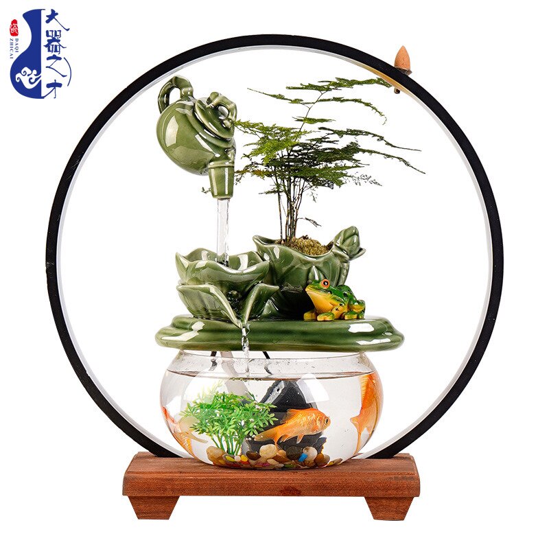 大师艺术高端新中式青瓷荷花循环流水摆件招财生财陶瓷客厅喷泉加