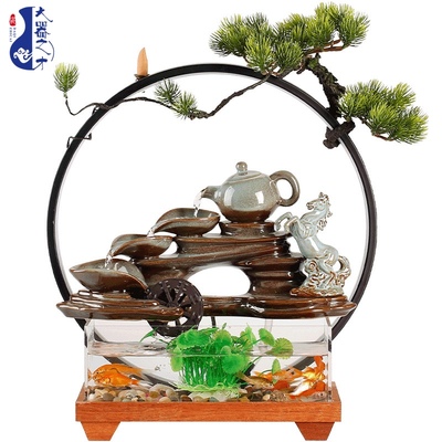 大师艺术高端新中式创意玻璃鱼缸招财流水摆件时来运转玄关办公室
