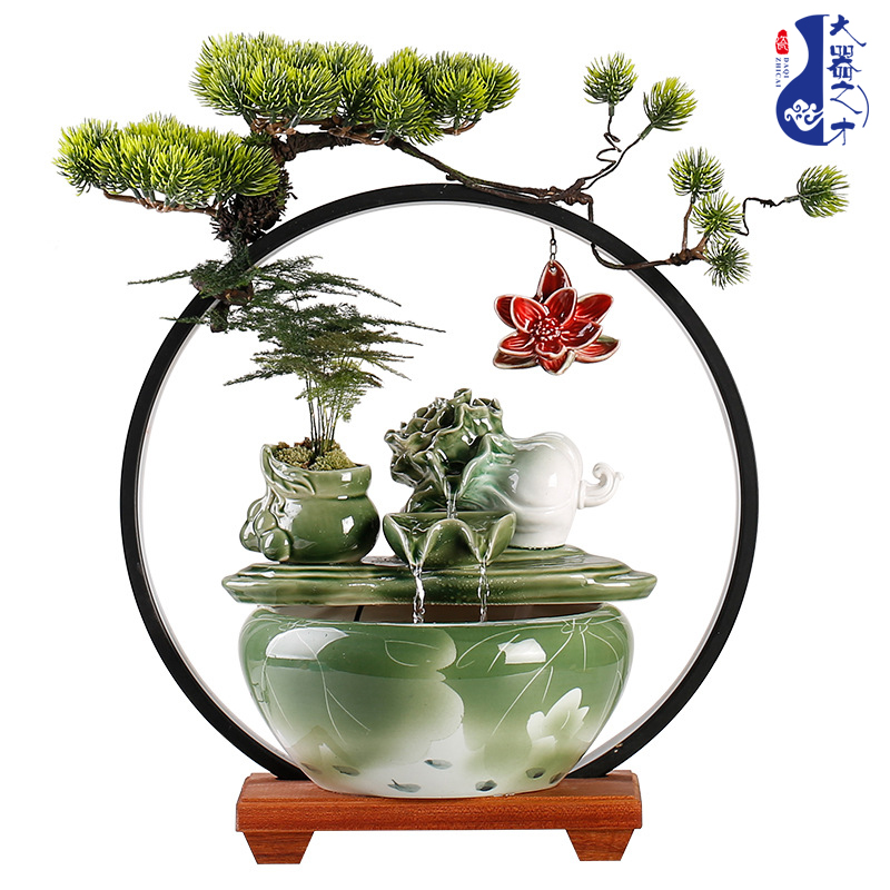 大师艺术高端新中式流水摆件创意仿玉白菜摆件办公室客厅桌面流水