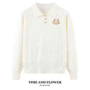 2025秋冬新款 POLO领徽章刺绣金属扣设计慵懒风显瘦纽绳毛衣针织衫