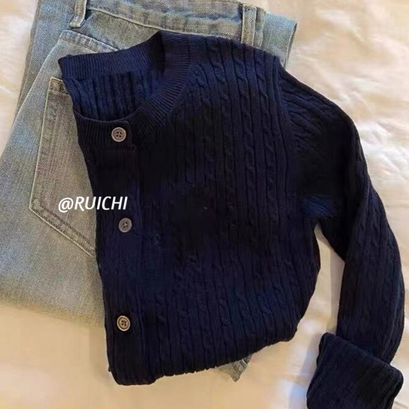 藏青色麻花针织开衫女2026春季学院风外搭软糯高品质短款毛衣外套