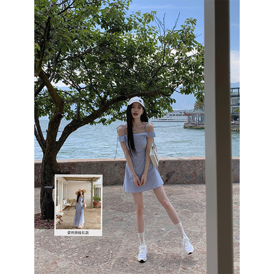 YIYIWANG蓝格吊带连衣裙