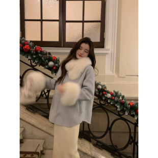 YIYI WANG 军阀夫人 可拆卸毛领蓝色羊毛双面呢大衣女毛茸茸外套