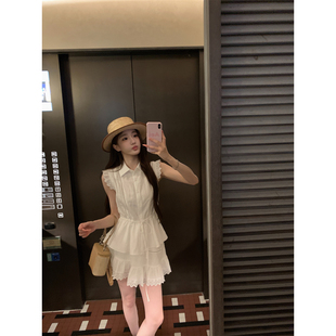 YIYIWANG 邻家校花 精致蕾丝水溶刺绣棉收腰白衬衫短款半身裙套装