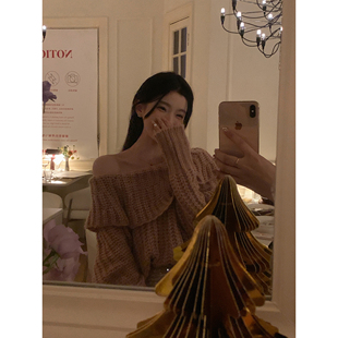 YIYIWANG 荔枝苏打 花纱粉色荷叶边翻领慵懒毛衣气质温柔上衣女