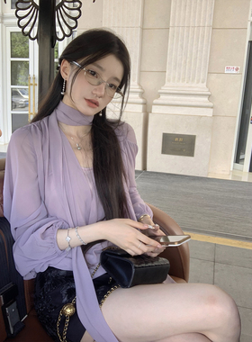 YIYIWANG 葡萄气泡水 紫色衬衫显白上衣黑色立体花半身裙短裙套装