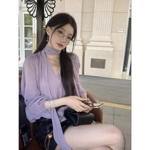 YIYIWANG 葡萄气泡水 紫色衬衫显白上衣黑色立体花半身裙短裙套装