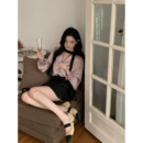 YYW汪澜 v领气质上衣女 妹妹 大小姐出街～缎面粉黑配色系带衬衫