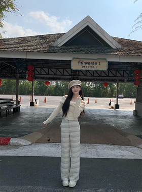 YYW汪澜的妹妹 庄生梦蝶 蝴蝶结一字领针织条纹小香裤子两件套