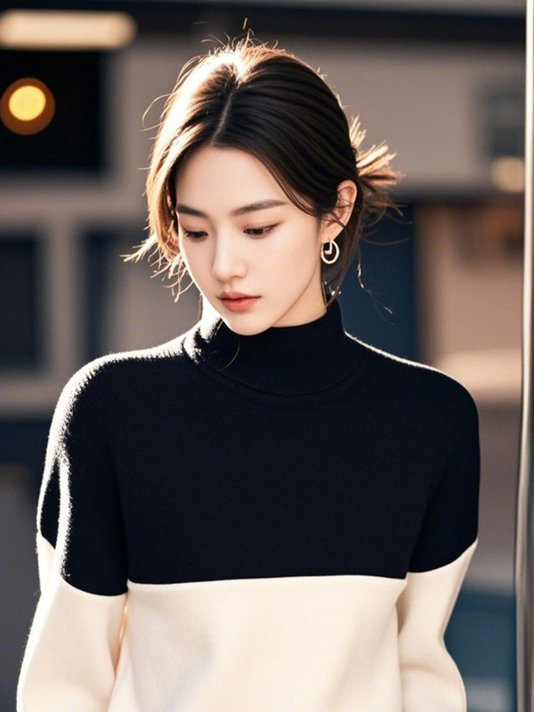 겨울 흑백 대비 컬러 니트 내부 레이어링 스웨터 푸푸 게으른 스타일 가을 겨울 여성을 위한 고급스럽고 멋진 스웨터