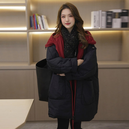 【Linda姐高端线】冬季时尚百搭休闲中长款加厚保暖连帽棉服外套