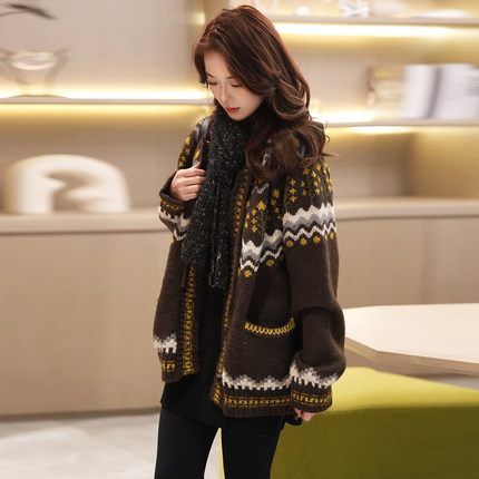 Linda大姐姐 费尔岛风针织开衫女冬季咖色图腾毛衣宽松保暖上衣女