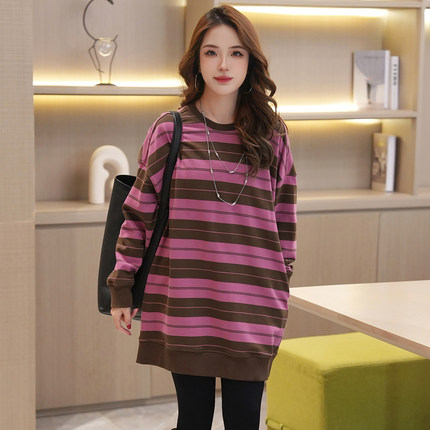 Linda大姐姐 高端线冬季时尚气质百搭条纹圆领休闲宽松加厚卫衣
