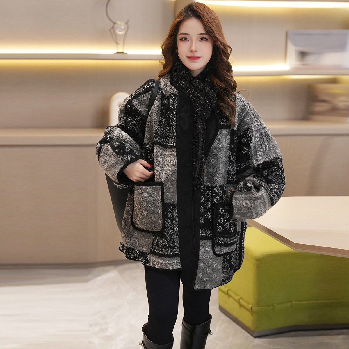 Linda大姐姐 复古黑白格棉服女中长款宽松显瘦妈妈装加厚保暖外套