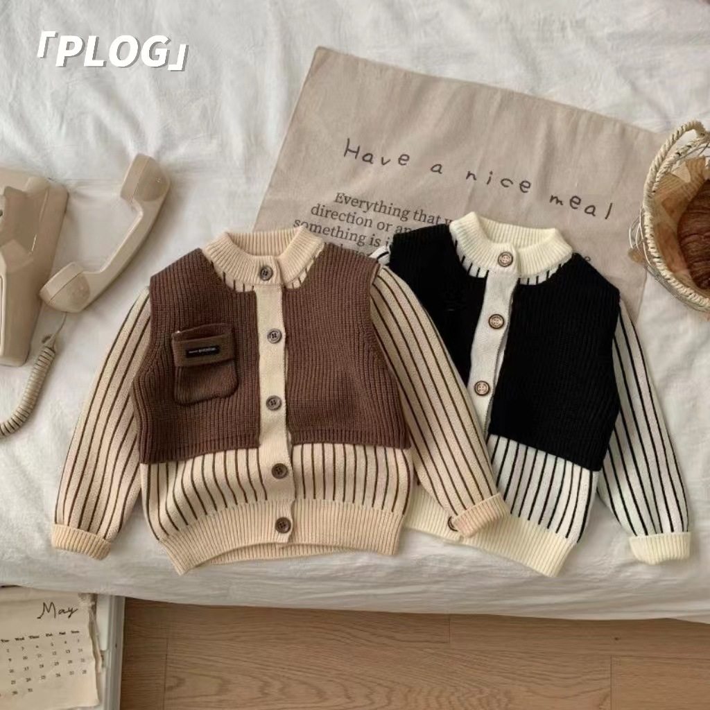 长袖开衫外穿绅士风咖色韩系外穿针织开衫假两件背心男童设计款潮