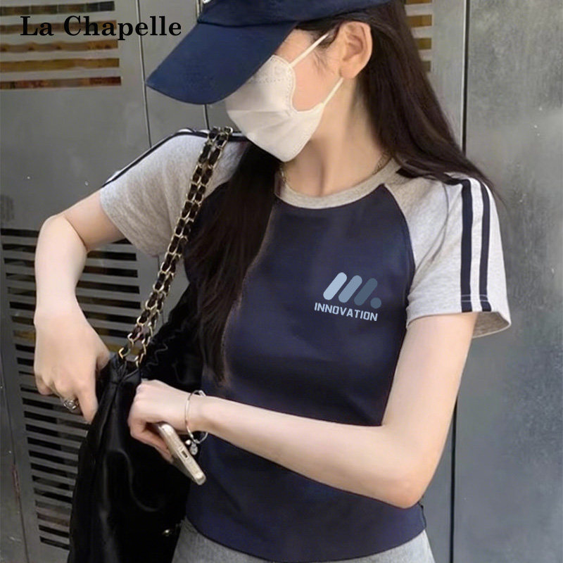 拉夏贝尔美式复古短袖T恤女夏2026新款设计感辣妹修身显瘦短上衣X