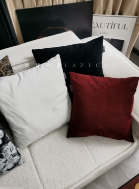 晚睡的猫黑色纯白色红丝绒抱枕沙发靠枕斯德哥尔摩法式美式丝绒