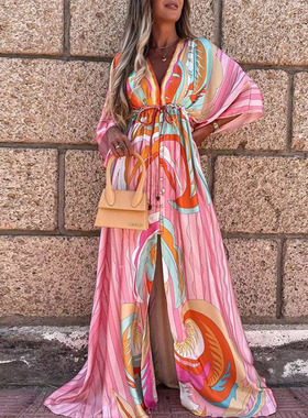 New Sexy V Neck LongSleev Lace Up Single BreastedBeachDress