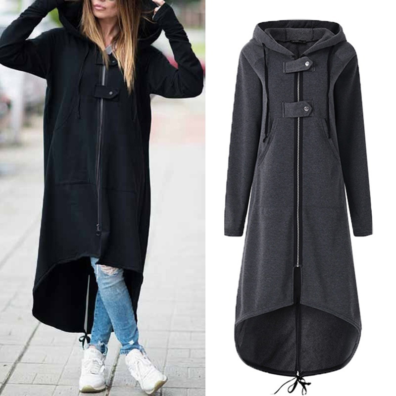 Stylish long jacket with button and zipper女纽扣拉链长款外套