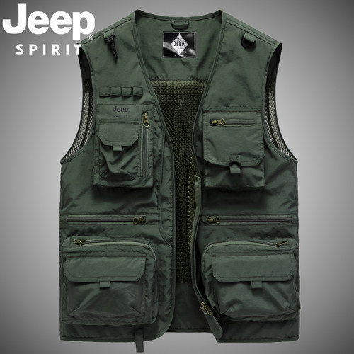 JEEPSPIRIT吉普马甲户外轻薄摄影背心秋季休闲多口袋钓鱼网眼马甲