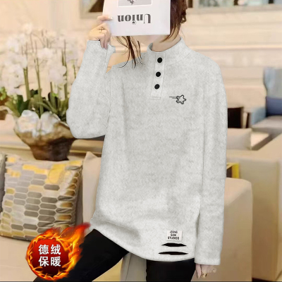 2025冬季纽扣半高领德绒长袖T恤女宽松破洞加厚保暖中长款打底衫
