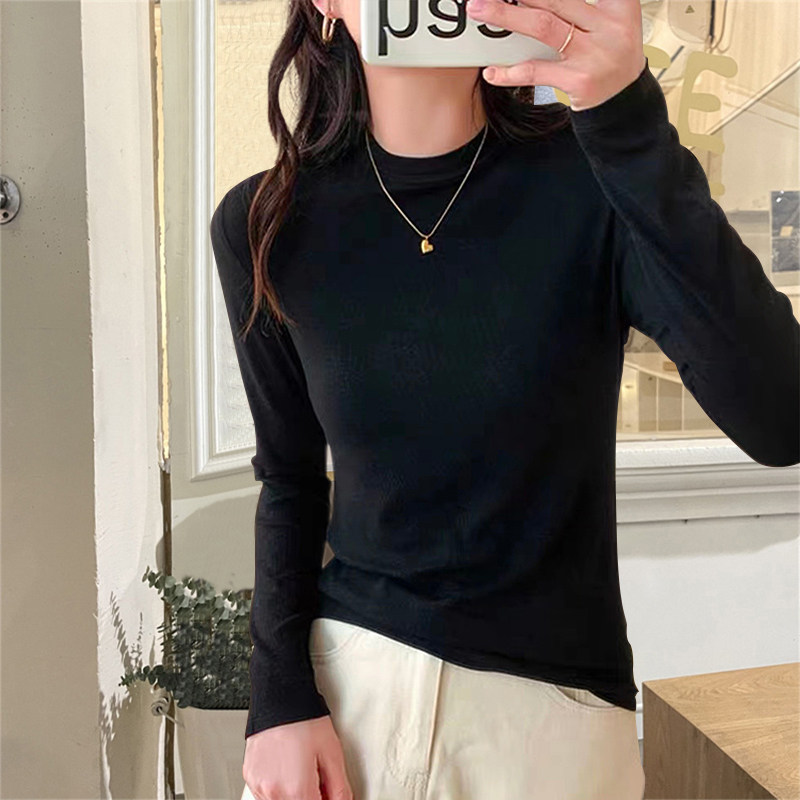小立领纯棉打底衫薄款长袖t恤女早春秋新款韩版修身内搭中领上衣