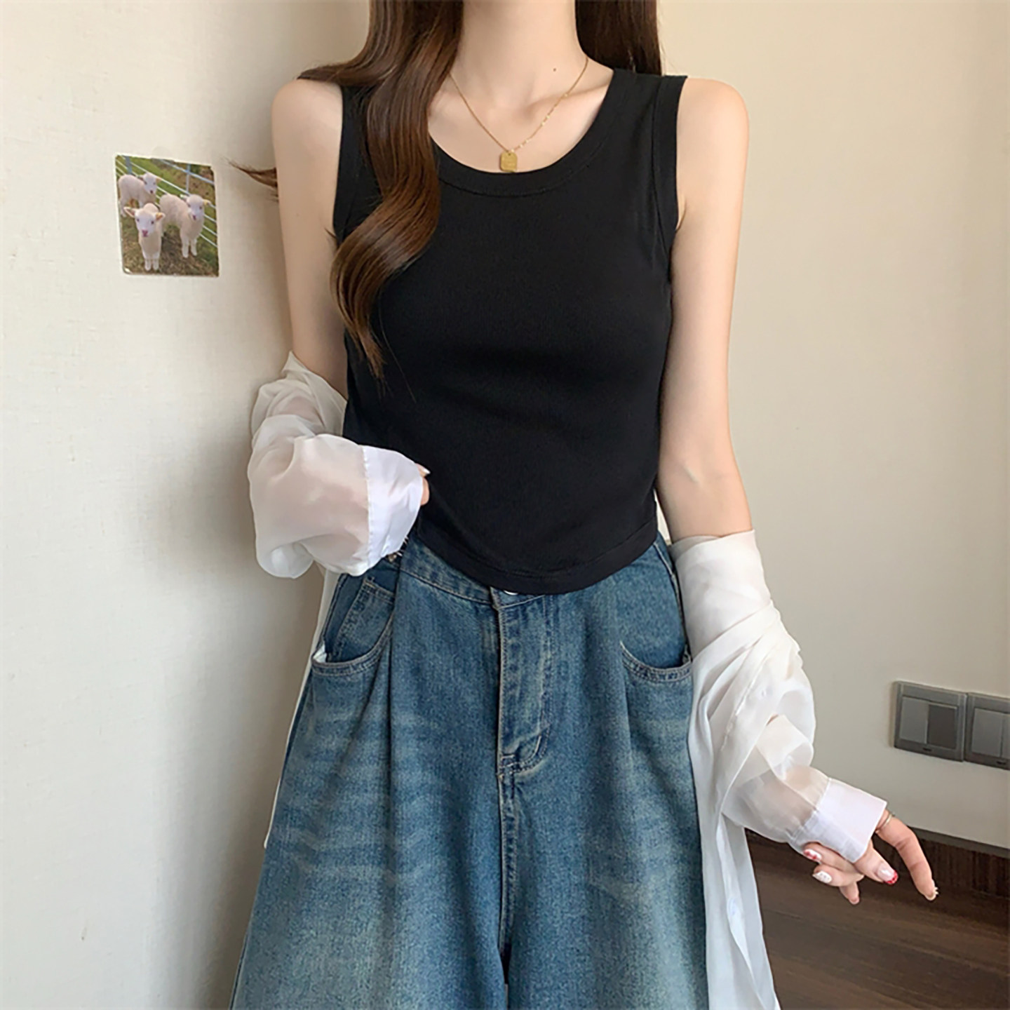 圆弧形下摆显瘦2026夏装螺纹吊带背心女宽肩带无袖遮副乳美背小衫