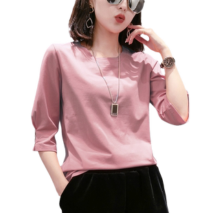 纯棉七分袖t恤女2026新款春夏欧洲站纽扣中袖上衣打底衫内搭外穿
