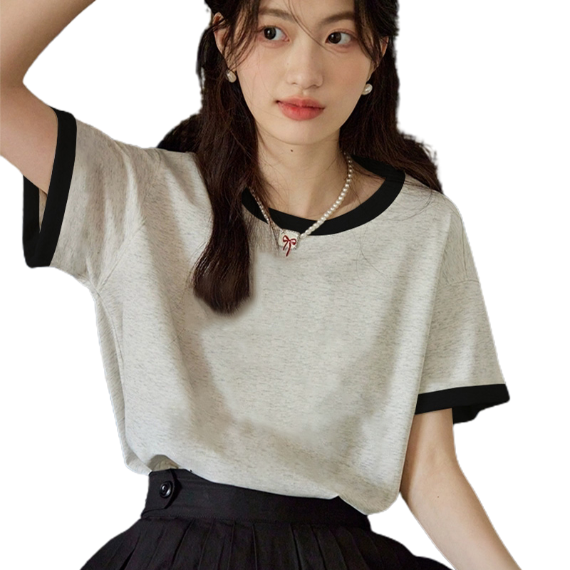 米灰色纯棉短袖t恤女2025夏季新款宽松内搭舒适小衫拼接撞色上衣