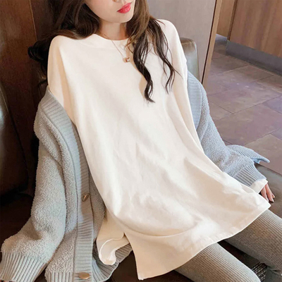 2025秋季磨毛加厚ins风长袖T恤女装宽松中长款开叉百搭纯色打底衫