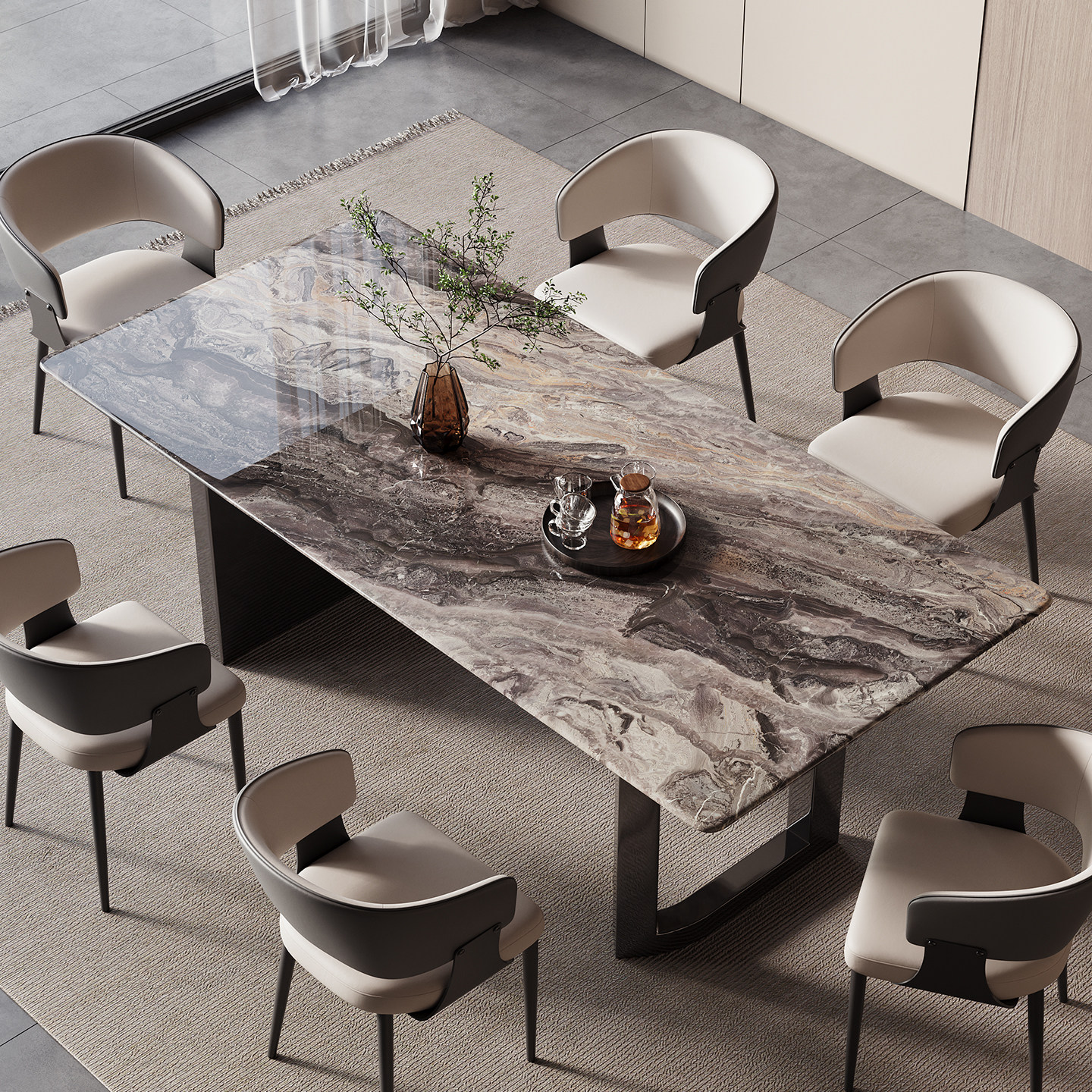 进口威尼斯棕长方形奢石餐桌意式轻奢高级天然大理石现代简约餐桌