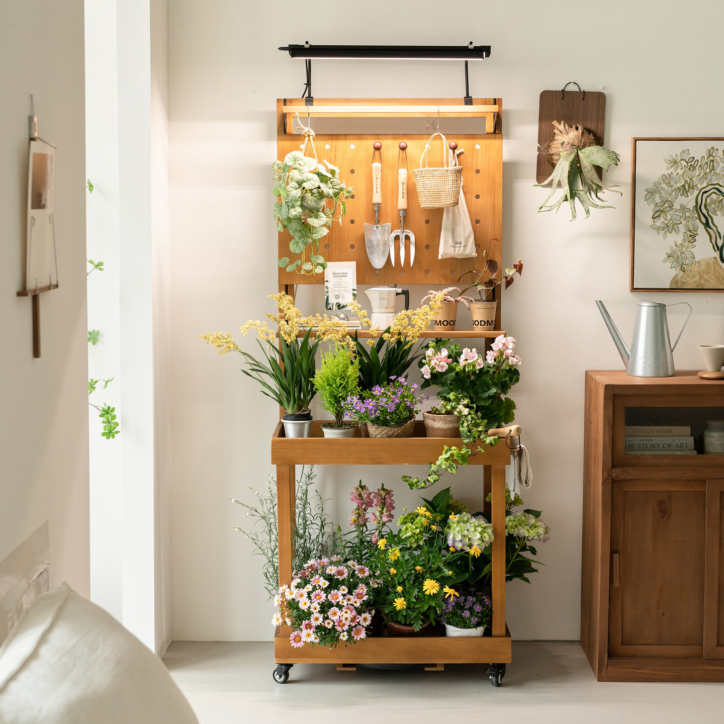 实木绿植花盆展示架可移动推车