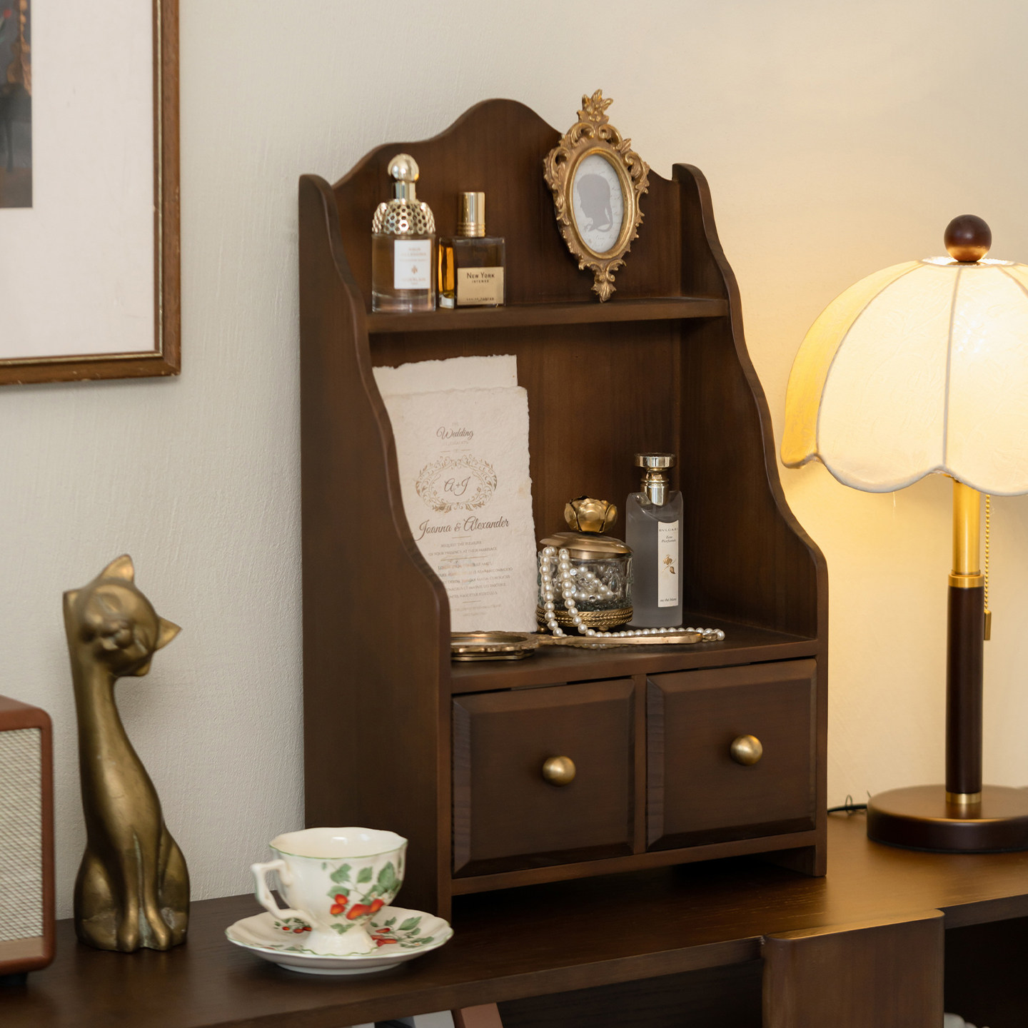 retro中古全实木桌面置物架复古书桌收纳柜梳妆台杯架抽屉展示柜