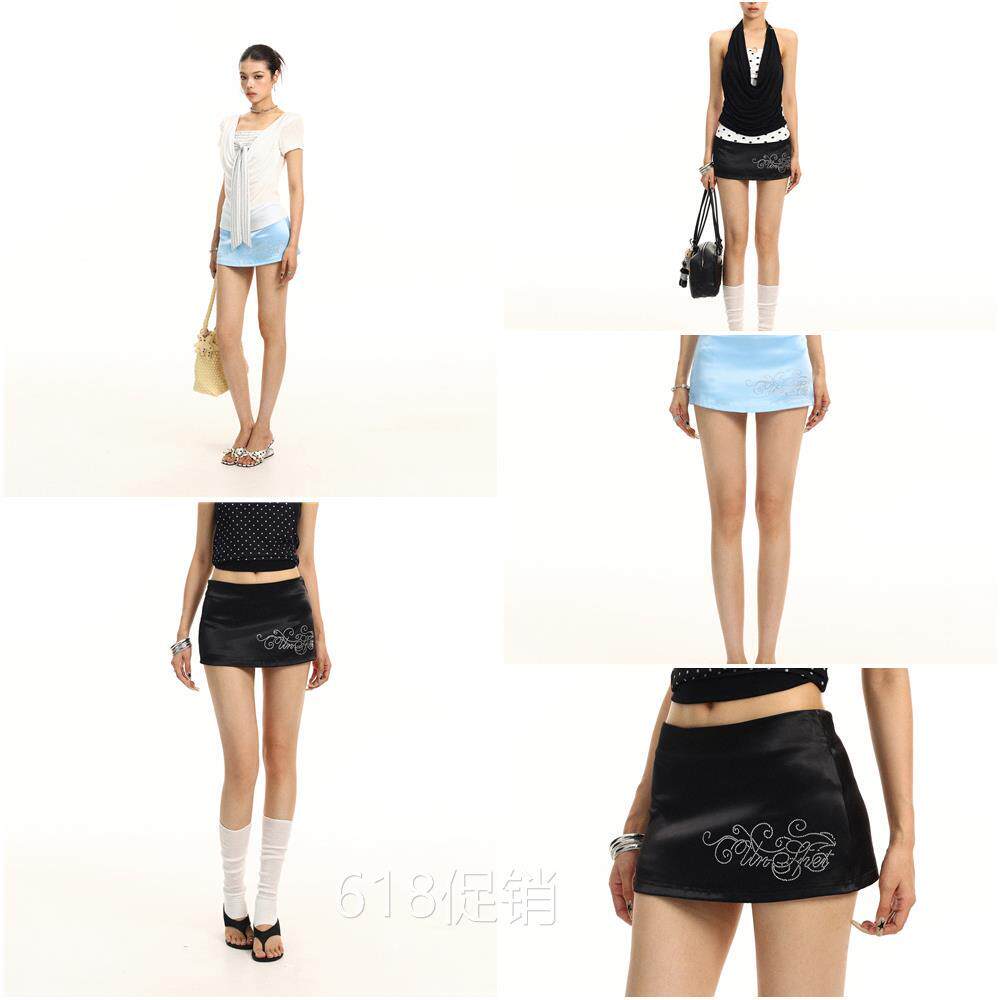BIGGOLD缎面烫钻低腰性感半身裙女夏季辣妹小众防走光a字包臀短裙