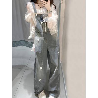 美式覆古牛仔背带裤女2025新款春秋宽松蝴蝶结烫钻夏季减龄直筒裤