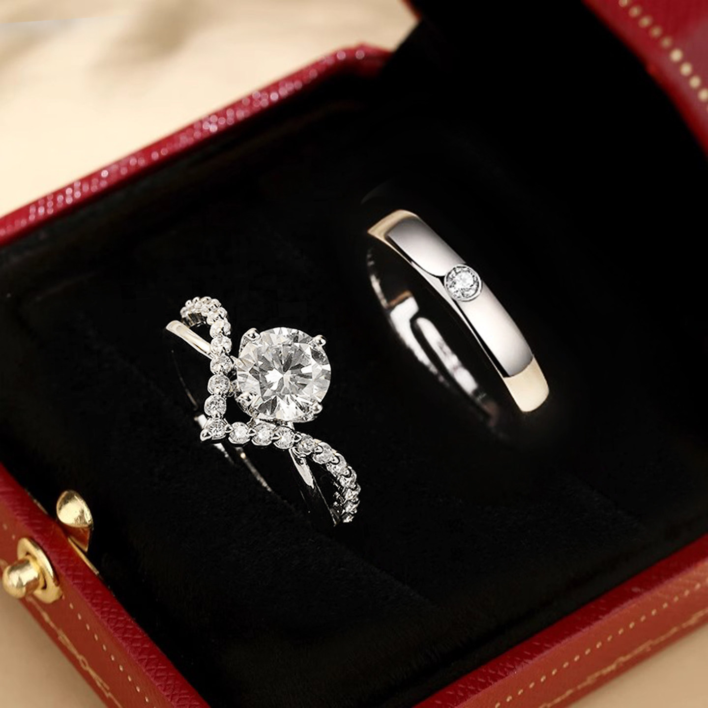 婚礼现场结婚戒指一对仿真钻石婚戒订婚钻石女假对戒订婚求婚情侣