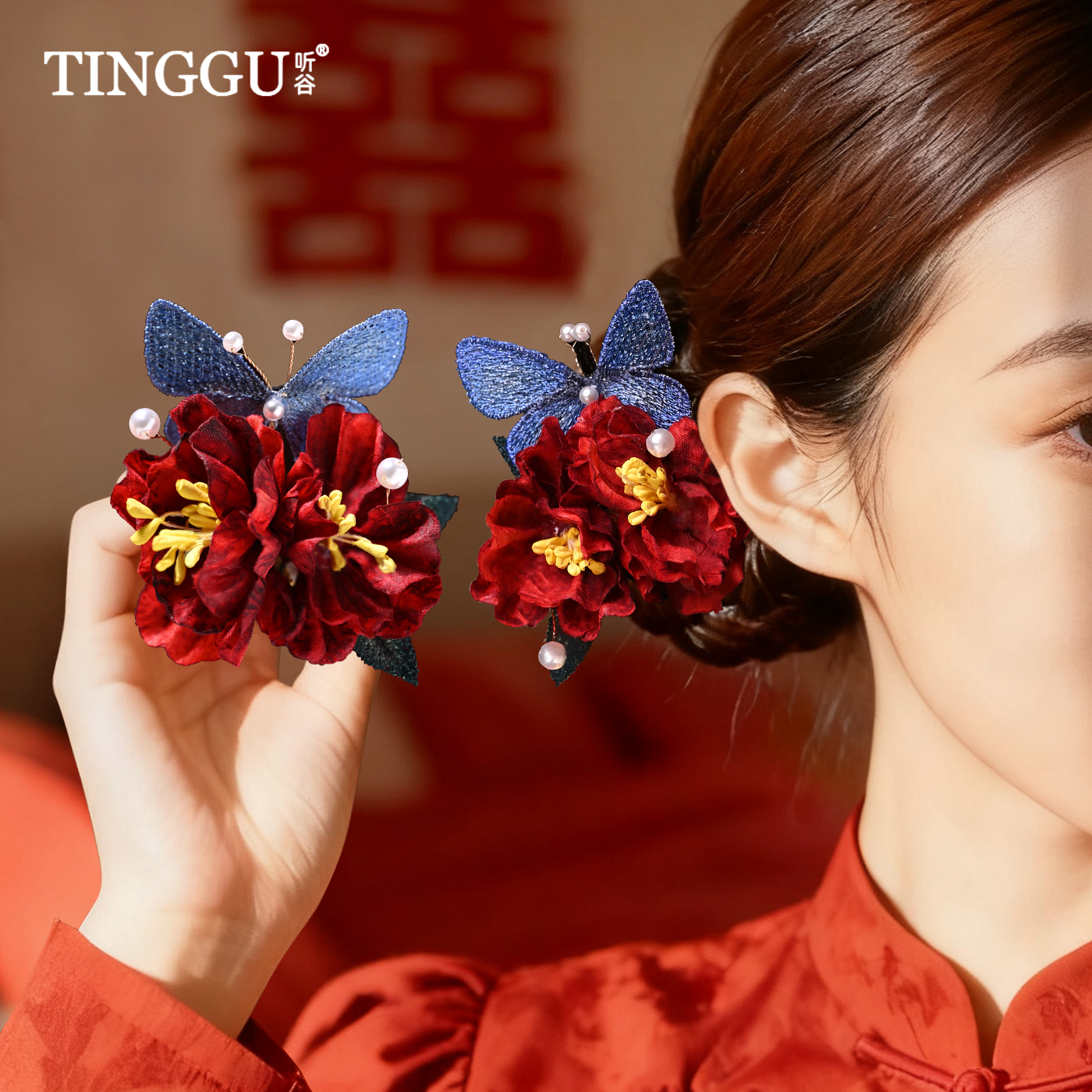 新娘发夹中式国风红色山茶花发夹