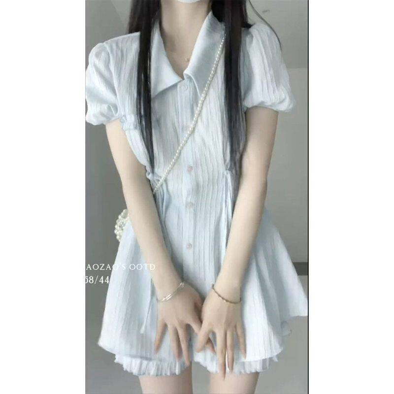 法式绑带设计感收腰短袖蓝色衬衫连衣裙高腰打底短裤夏季两件套女