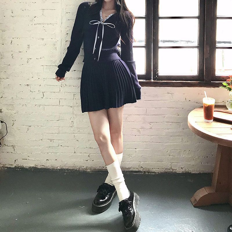 学院风蝴蝶结系带长袖针织衫百褶半身短裙女2024秋季新款时尚套装