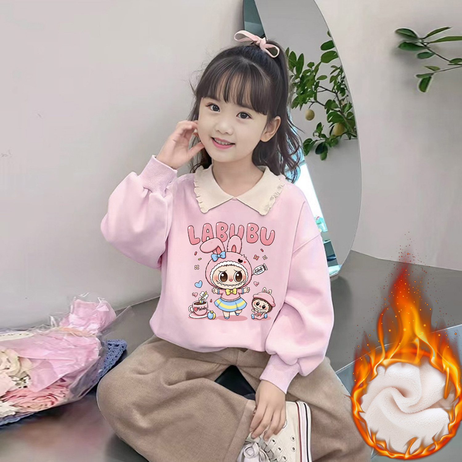 拉布布女童卫衣春秋2025新款POLO领儿童长袖冬季加厚加绒上衣服装