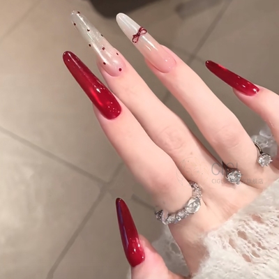 红色猫眼长款纯手工穿戴甲氛围感