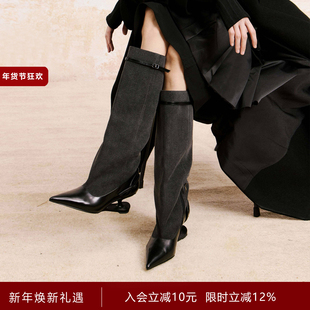 KOUKOUMU【李宇春 陈妍希同款】牛仔高筒尖头高跟鞋直筒靴长靴