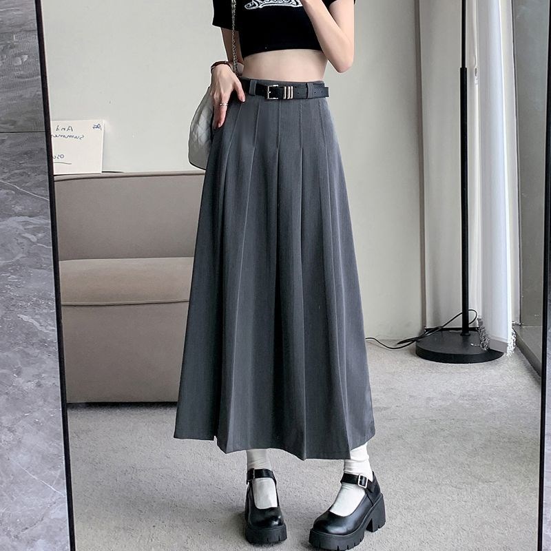 高级感灰色西装百褶裙女夏季v高腰a字中长款半身裙小个子2023新款