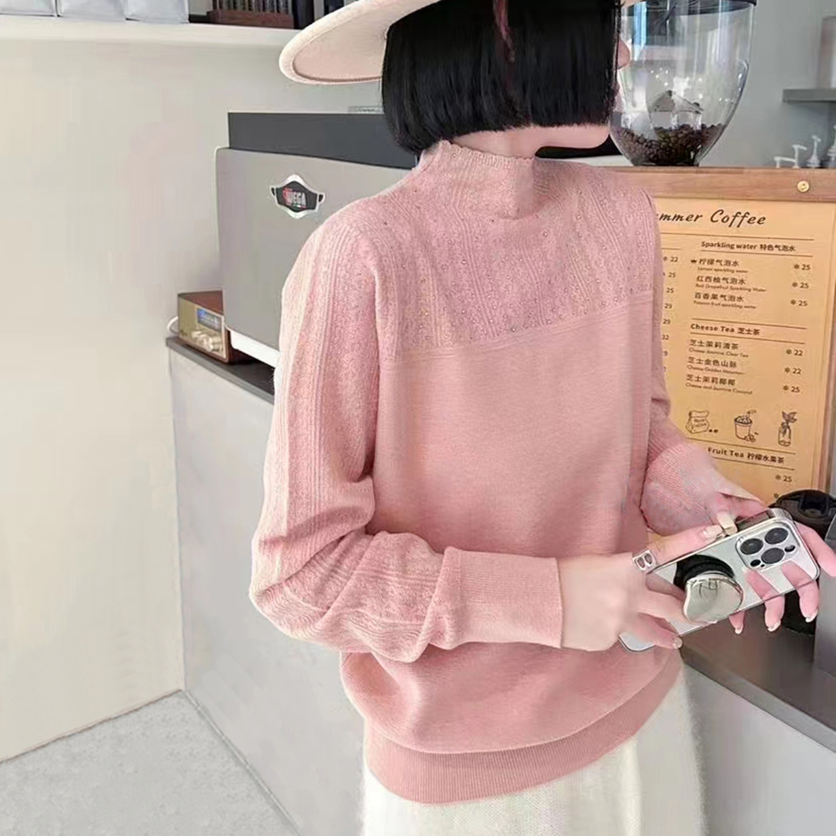 半高领蕾丝打底衫女内搭毛衣2023秋冬新款洋派Q减龄镶钻针织衫上