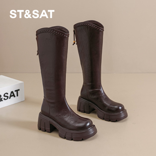 星期六厚底骑士靴女2025秋冬新款 6CM高跟长筒靴增高显瘦软底靴子